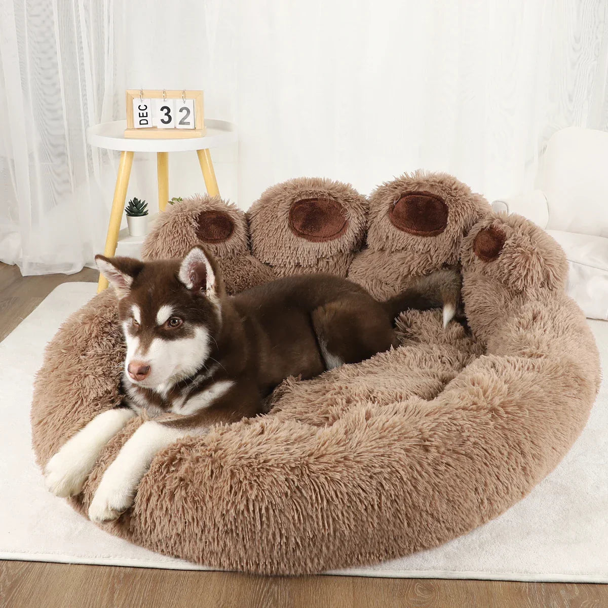 Dog Bed Plush Round Sofa Style Bed For Pets, Fall 2025 Cozy Washable Plush Bed With Paw Backrest Support