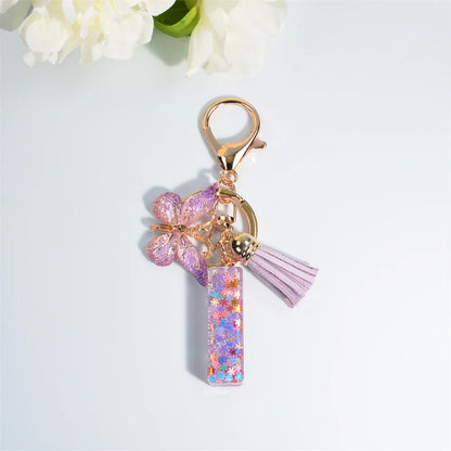 Sequin Letter Keychain With Butterfly Tassel Charm