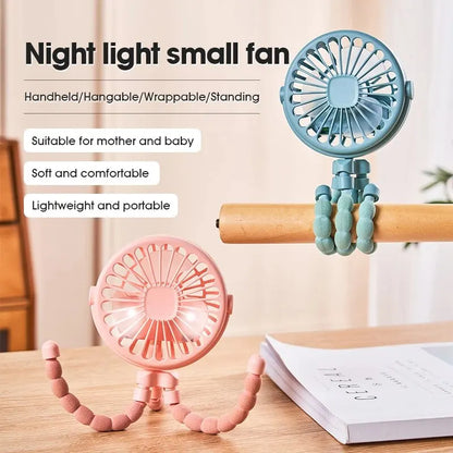 Portable Oscillating Pram Fan Mini Handheld Baby Fan USB Operated Clip-on Flexible Tripod for Car Seat Use