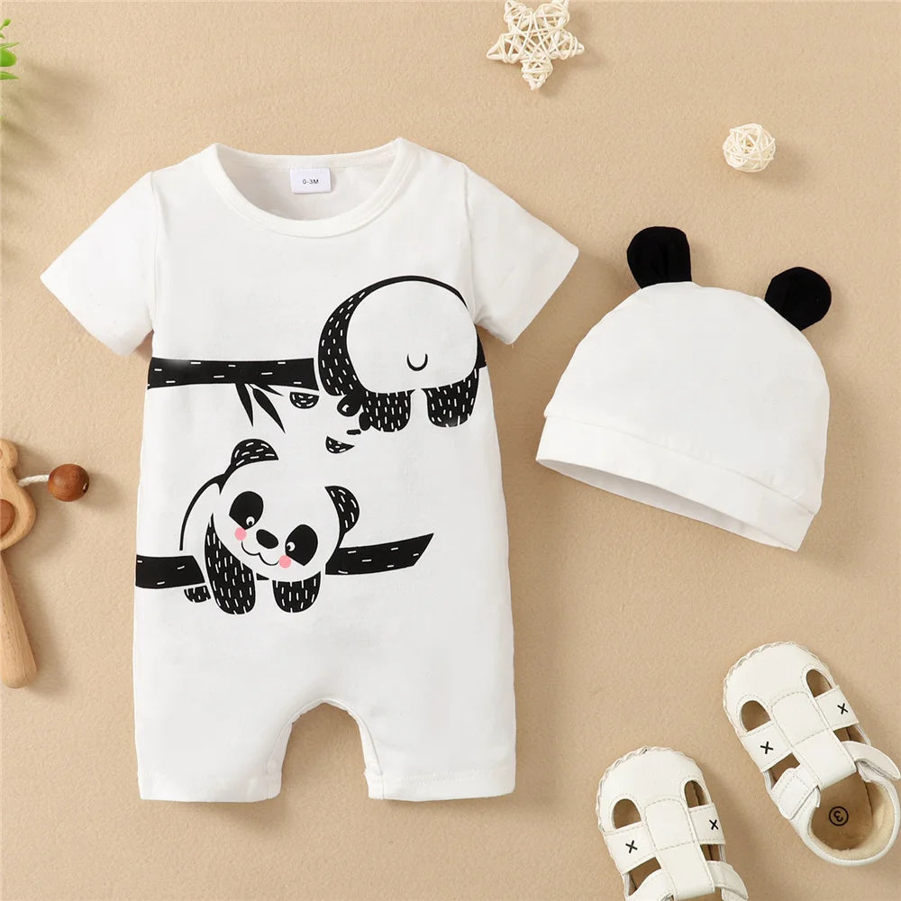 Different colour variation or layout view of the baby boys panda bear short sleeve romper and hat set
