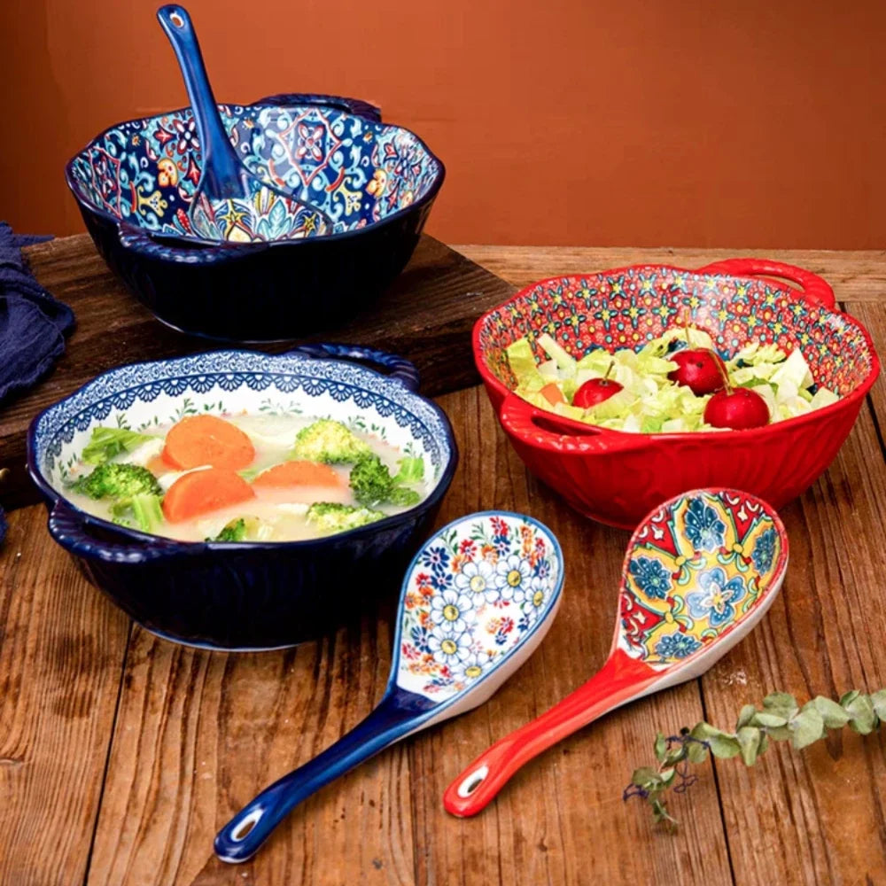Ceramic Soup Bowl Bohemian Handle Embossed Microwave