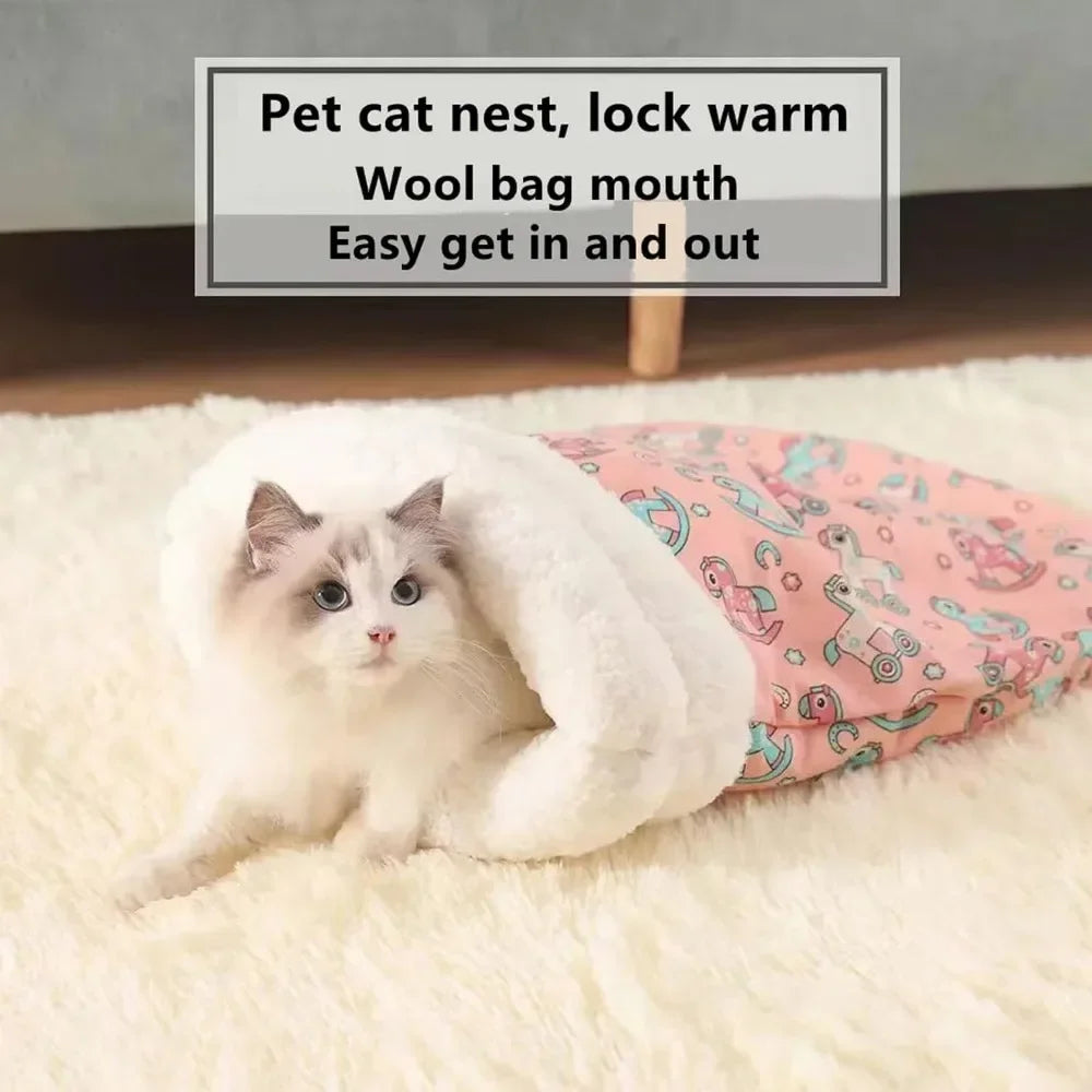 Self Warming Cat Bed - Soft Plush Cat Sleeping Bag for Indoor Cats, Cozy Nest for Small Pets