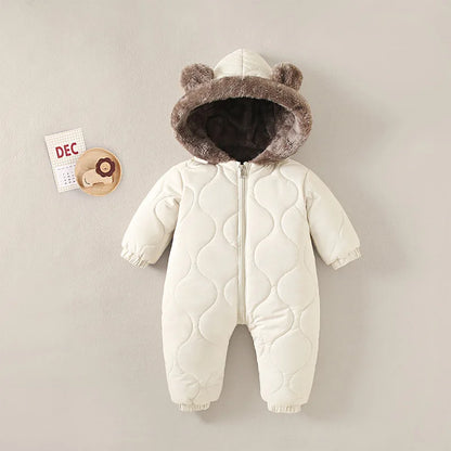 Styling option for baby fleece lined hooded winter onesie