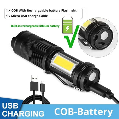 Mini Rechargeable LED Flashlight XPE COB Double Light Source for Camping Fishing Adventure