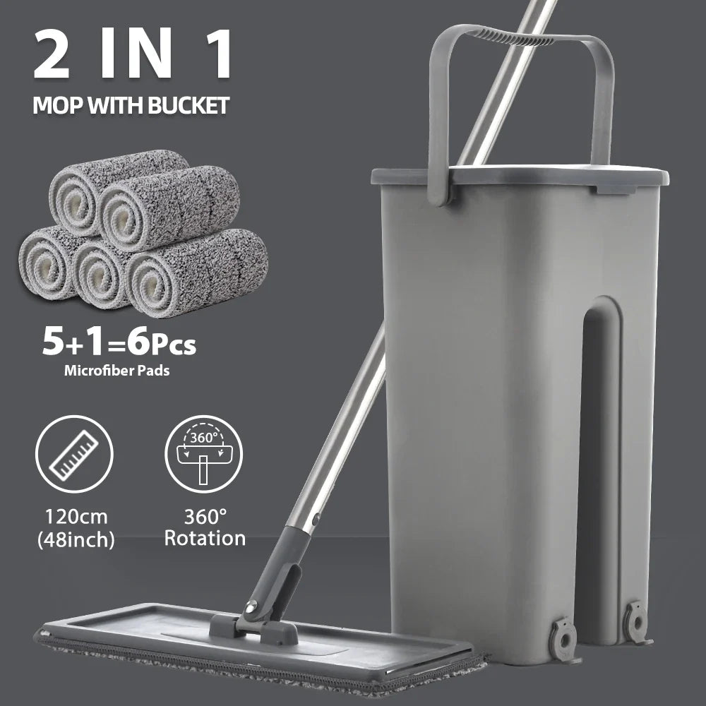 Household Cleaning Hand-Free Flat Floor Mop & Bucket Set with Washable Microfiber 4x Pads