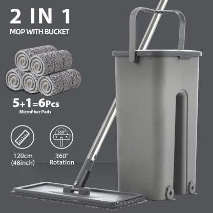 Household Cleaning Hand-Free Flat Floor Mop & Bucket Set with Washable Microfiber 4x Pads