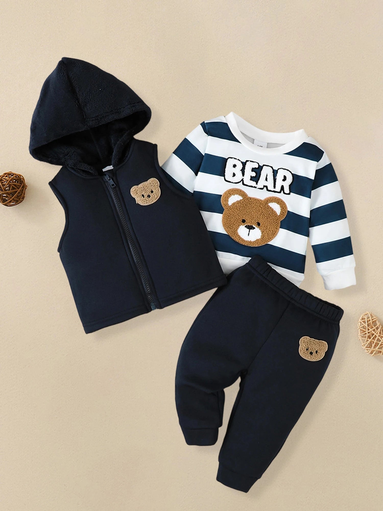 Close up detail of boys bear embroidery sweatshirt & joggers