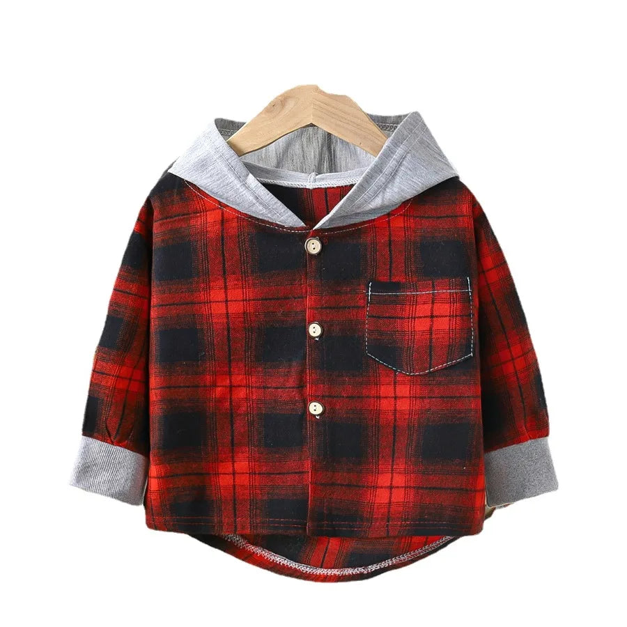 Side view of boys plaid long sleeve hooded jacket