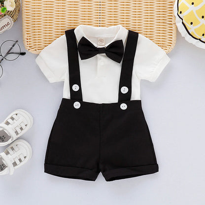 Baby boys formal short sleeve shirt with bow tie and shorts romper