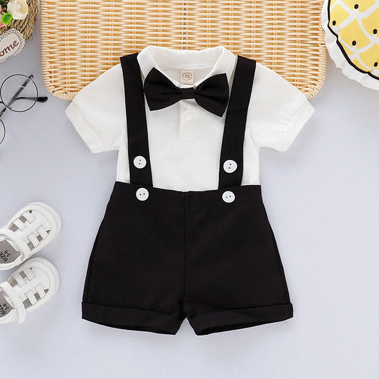Baby boys formal short sleeve shirt with bow tie and shorts romper