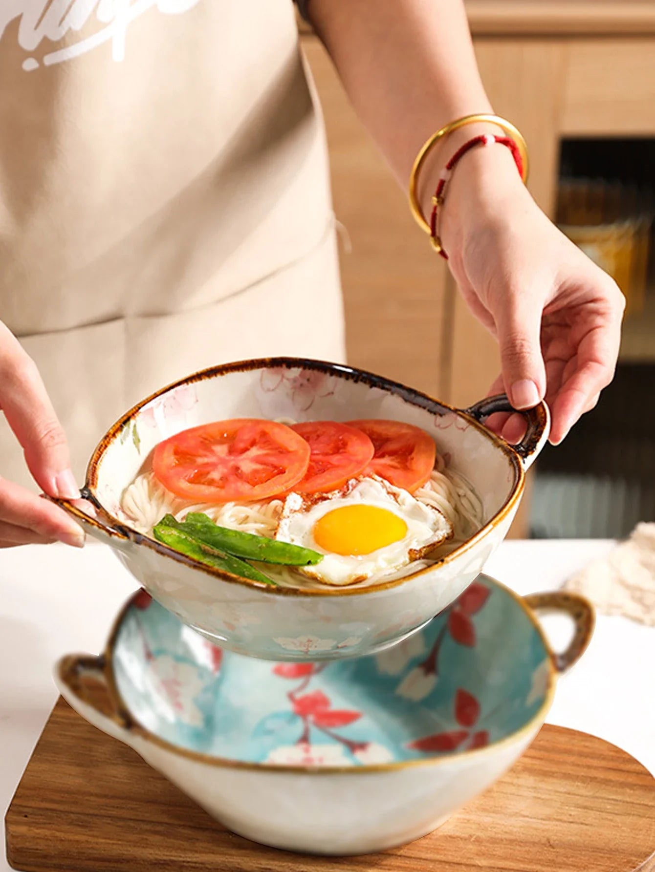 Ceramic 7.5 Inch Noodle Bowl With Handles Floral Porcelain