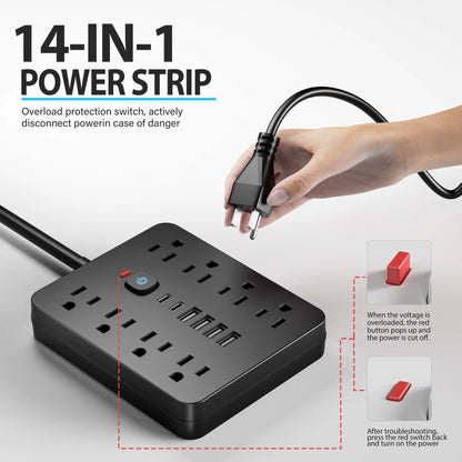 14-in-1 Power Outlet Surge Protector, 8 AC & 4 USB, Extension Cord for Desktop Charging
