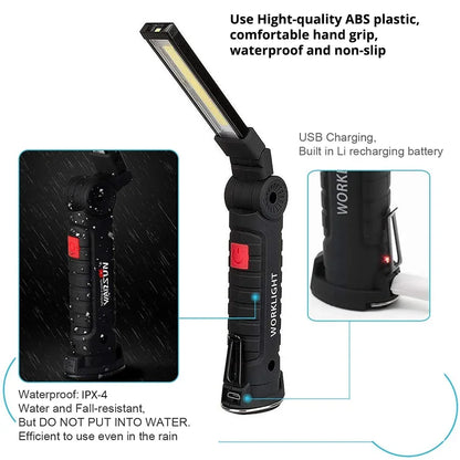 Rechargeable Camping LED Flashlight Work Light - IP64 Waterproof, 5 Modes, Magnet & Hook for Night Work
