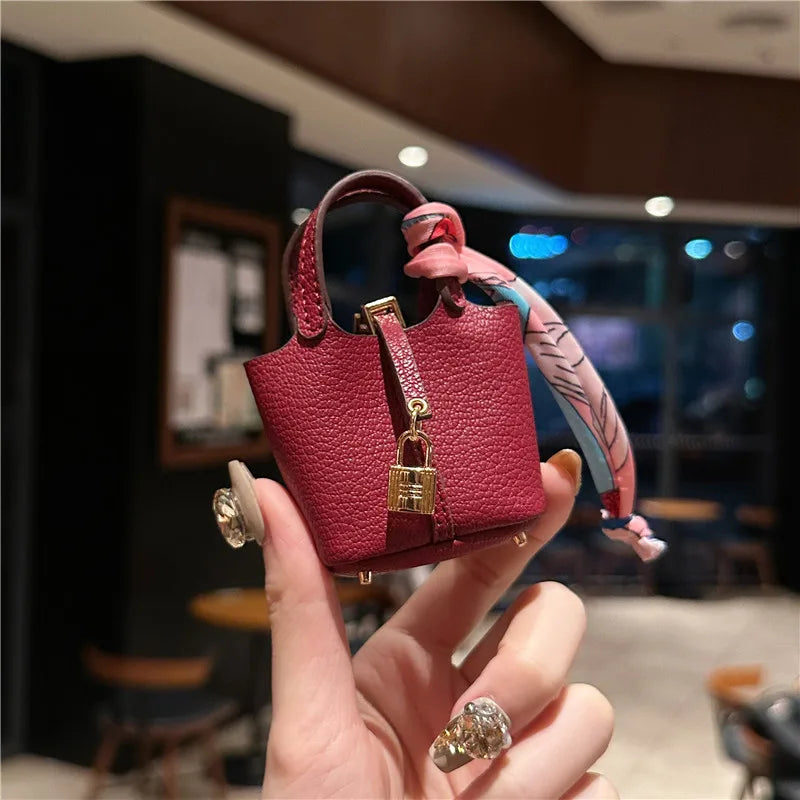 Birkin Inspired Mini Hand Bag - Leather Basket Bag Charm Keychain & Earphone Case