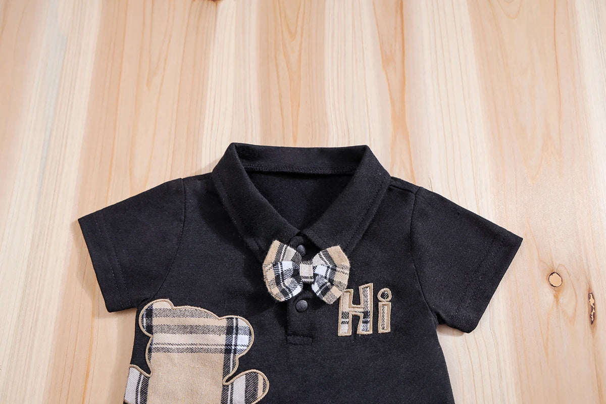 Side view of baby boys plaid bear bodysuit & trousers set