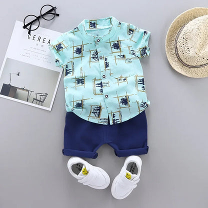 Different colour variation or layout view of the baby boys casual summer top and shorts set