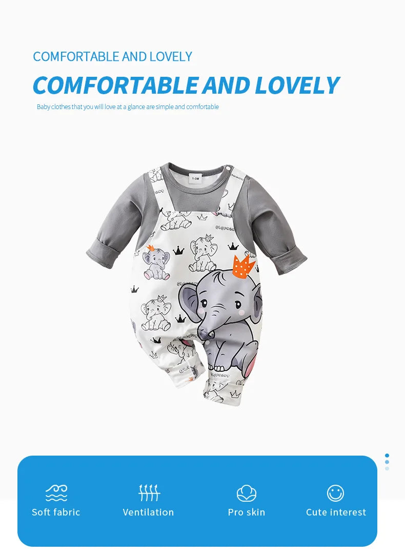Baby boy wearing a long-sleeve romper with an elephant print and faux braces