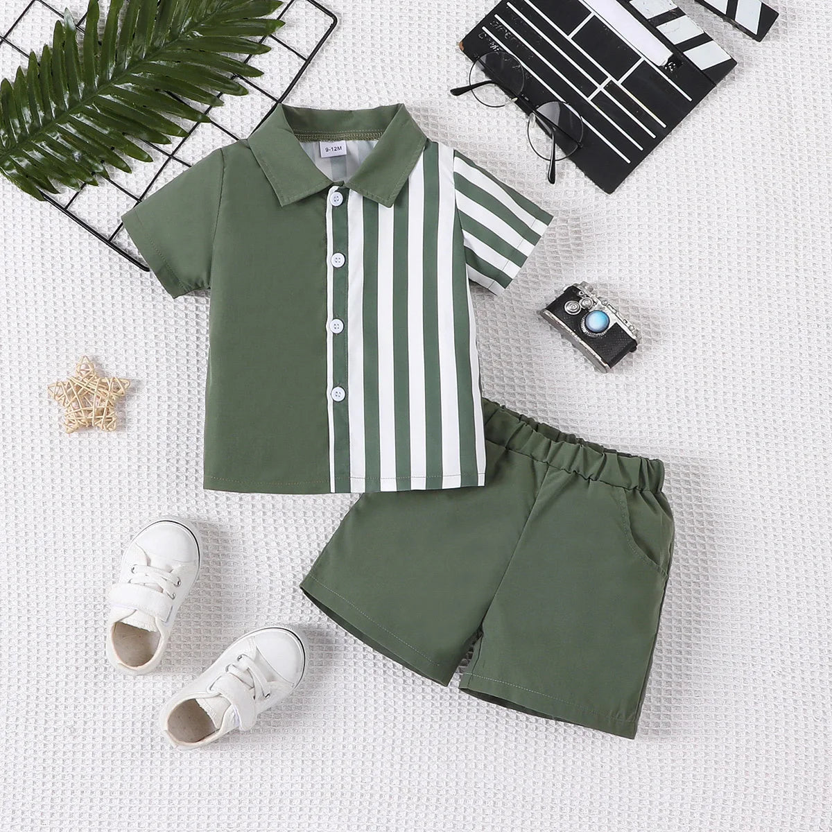 Colour block short sleeve shirt and shorts two piece set for baby boys