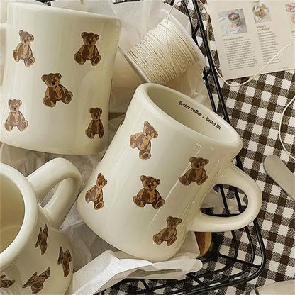 Ceramic Mug Cream Teddy Bear Print Coffee Cup With Handle Korean Cute Breakfast Mug Fall 2025 Cute Gift Easy Grip