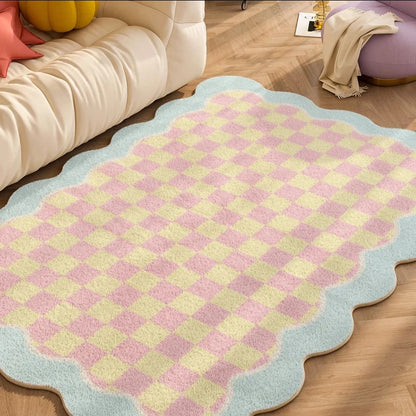 Plush Rug Checkered Scalloped Area Rug, Kids Bedroom Living Room Accent Fall 2025 Cozy Fluffy Machine Washable