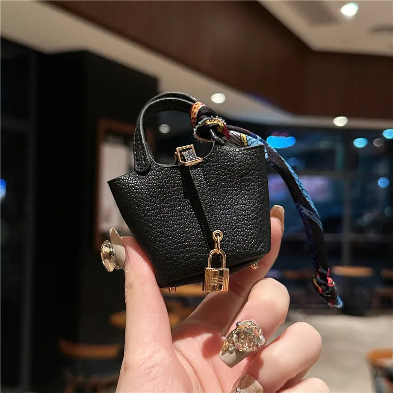Birkin Inspired Mini Hand Bag - Leather Basket Bag Charm Keychain & Earphone Case