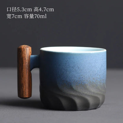 Espresso Cup Porcelain With Wooden Handle Handmade Vintage Mug, Fall 2025 Cozy Gift For Coffee Lovers