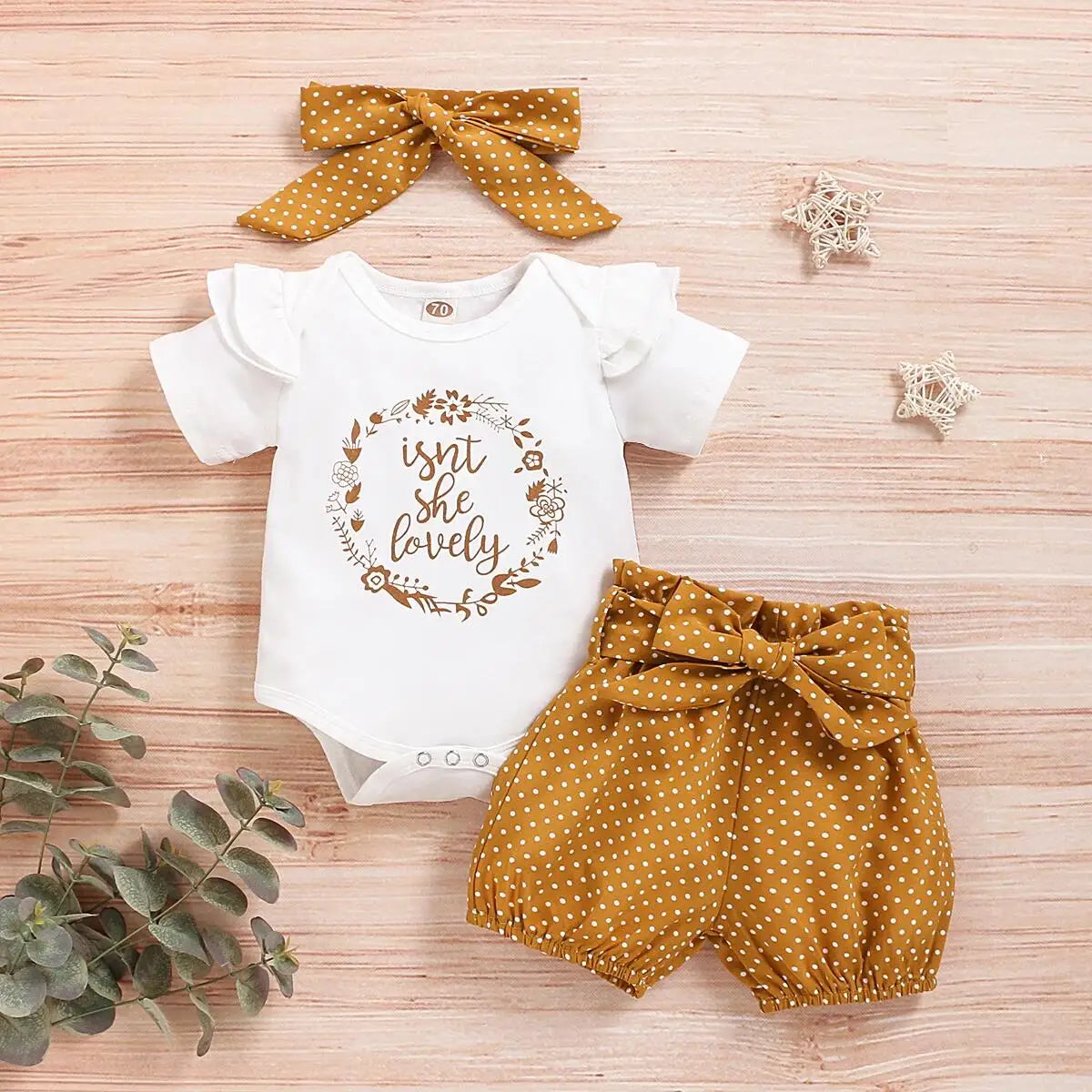 Baby girls romper with polka dot trousers and bow headband set
