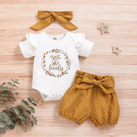 Baby girls romper with polka dot trousers and bow headband set