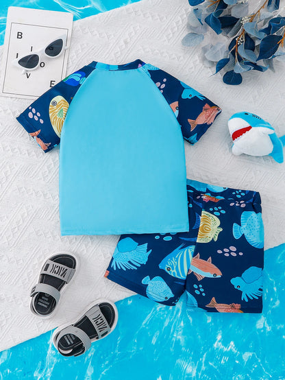 Shark pattern detail on boys short-sleeve rash guard top