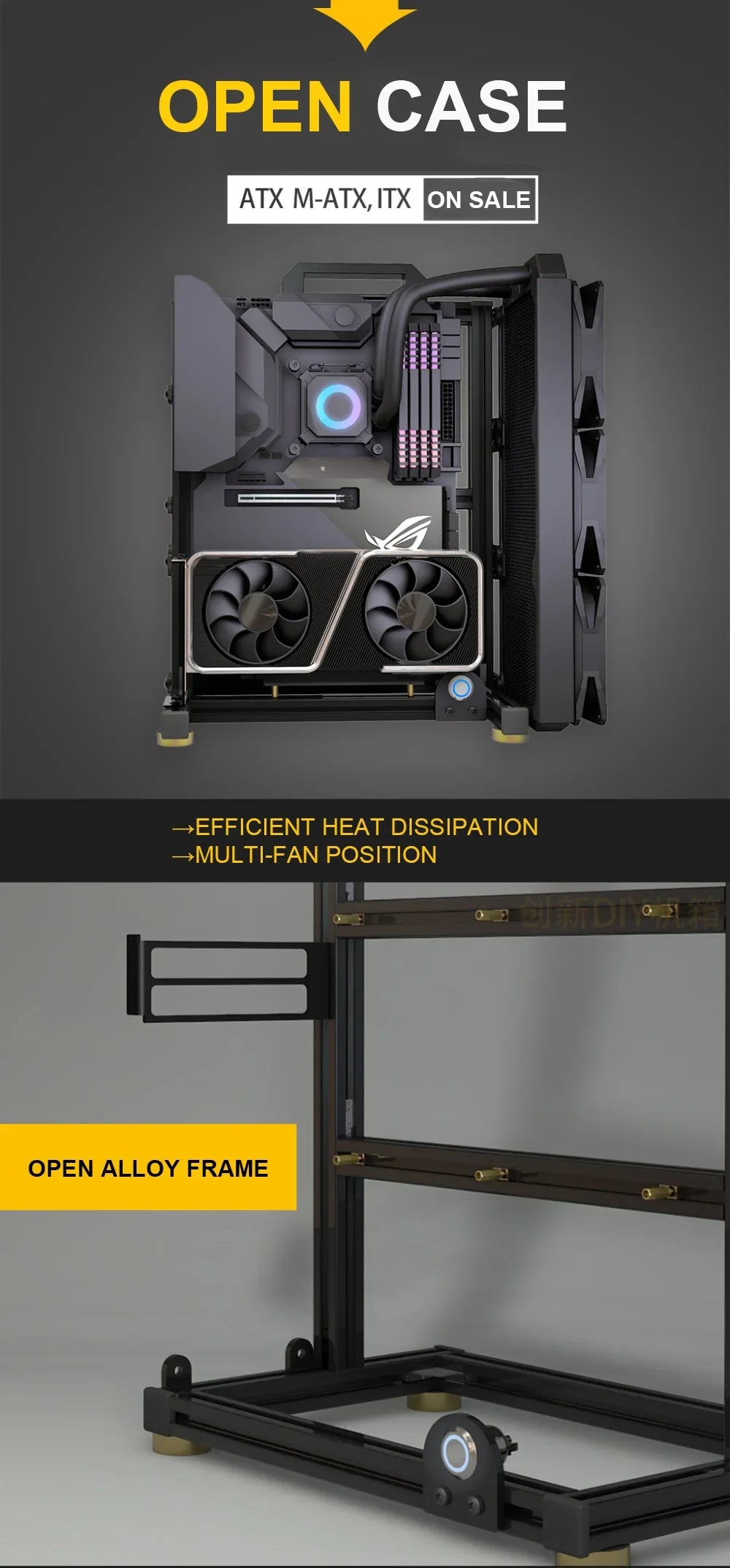 Open Frame Aluminum PC Case Rack EATX Water Cooling
