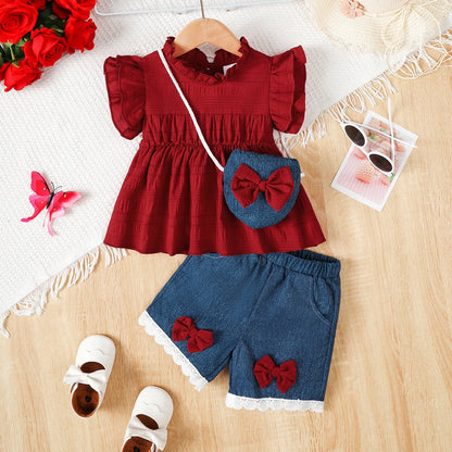 Baby girls ruffle top blue shorts and matching mini bag set