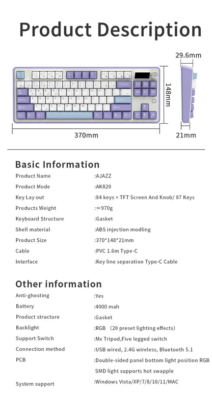 Mechanical Keyboard 87 Key Tri Mode RGB Hot Swappable