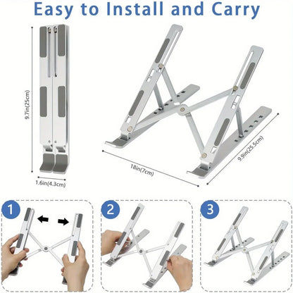 Portable Adjustable Aluminum Laptop Stand with Accessories - 6-Level Height, Anti-Slip Design, Enhanced Ventilation for 8-16" Laptops