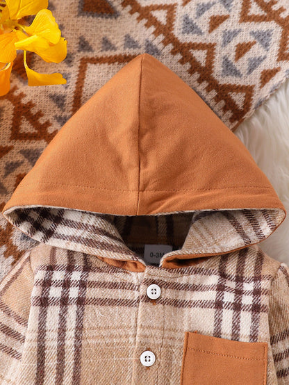 Close up detail of baby boys vintage plaid hooded outfit set