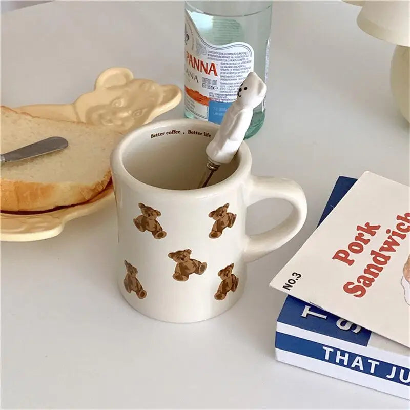 Ceramic Mug Cream Teddy Bear Print Coffee Cup With Handle Korean Cute Breakfast Mug Fall 2025 Cute Gift Easy Grip