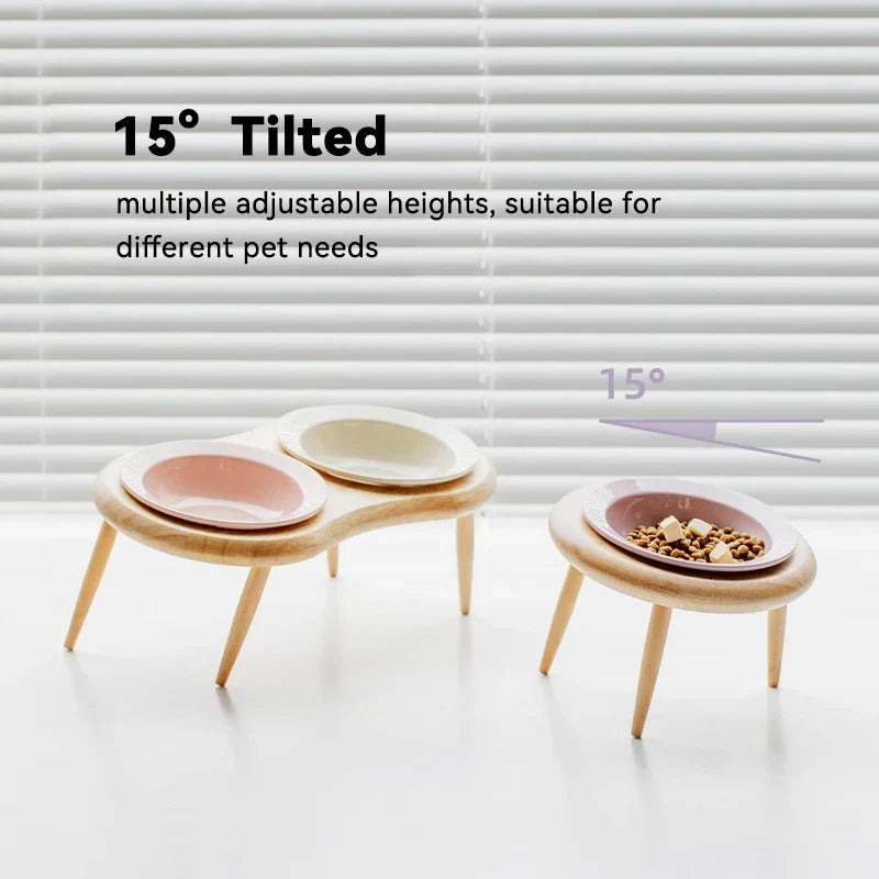 Cat Ceramic Bowl Set Height Adjustable Elevated Wooden Stand Double Food Water Bowls Fall 2025 Mess Free Feeding