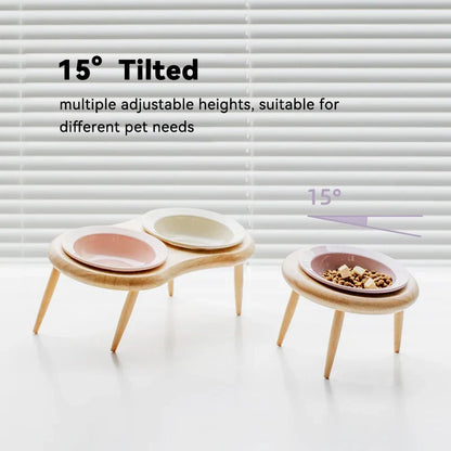 Cat Ceramic Bowl Set Height Adjustable Elevated Wooden Stand Double Food Water Bowls Fall 2025 Mess Free Feeding