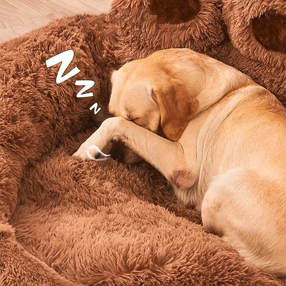 Dog Bed Plush Round Sofa Style Bed For Pets, Fall 2025 Cozy Washable Plush Bed With Paw Backrest Support