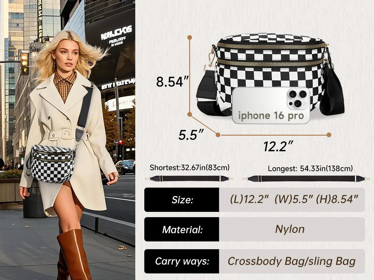 Casual women's checkered fanny pack – large capacity bum bag, adjustable crossbody mommy travel bag