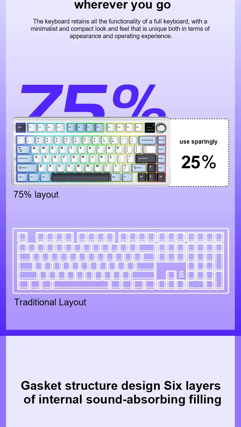 Gaming Mechanical Keyboard 75% Hot Swap RGB TFT Wireless