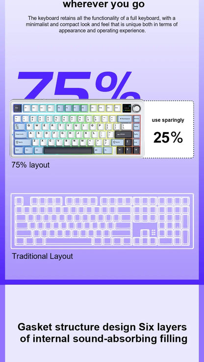 Gaming Mechanical Keyboard 75% Hot Swap RGB TFT Wireless