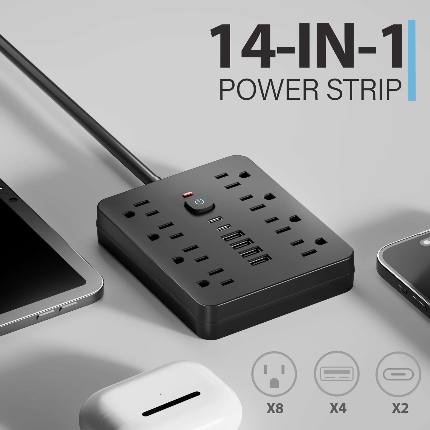 14-in-1 Power Outlet Surge Protector, 8 AC & 4 USB, Extension Cord for Desktop Charging