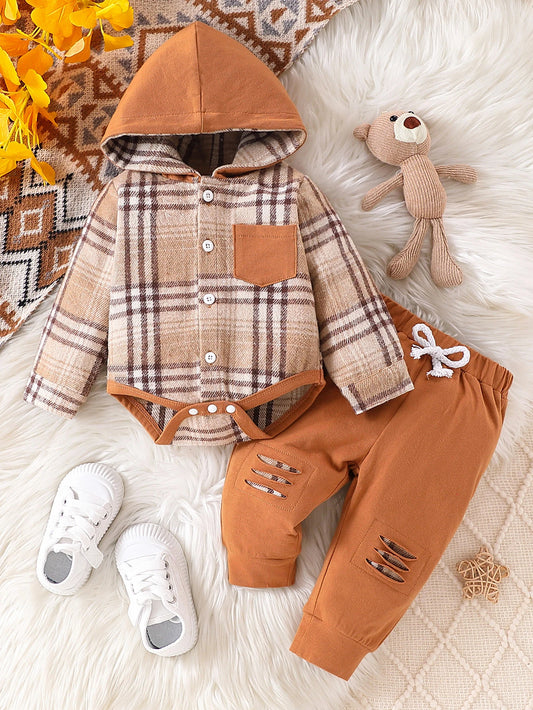 Baby boys vintage plaid hooded set with bear decoration