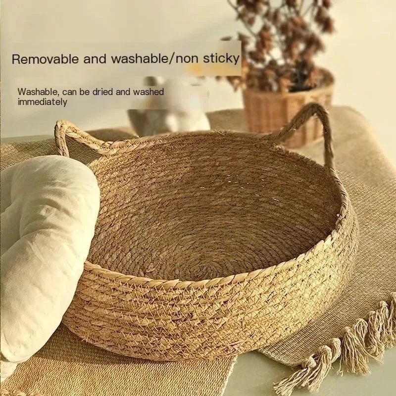 Cat Bed Natural Woven Nest With Seasonal Heating Pad And Washable Insert, Fall 2025 Cozy All Season Retreat