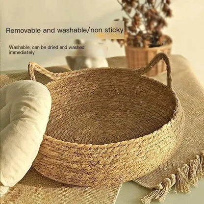 Cat Bed Natural Woven Nest With Seasonal Heating Pad And Washable Insert, Fall 2025 Cozy All Season Retreat