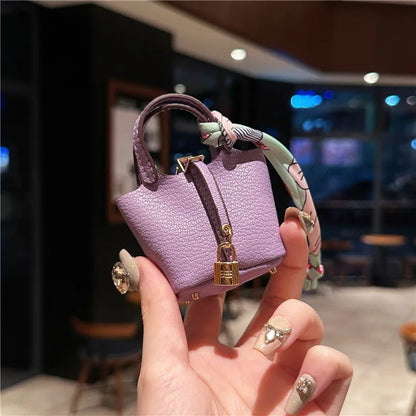 Birkin Inspired Mini Hand Bag - Leather Basket Bag Charm Keychain & Earphone Case