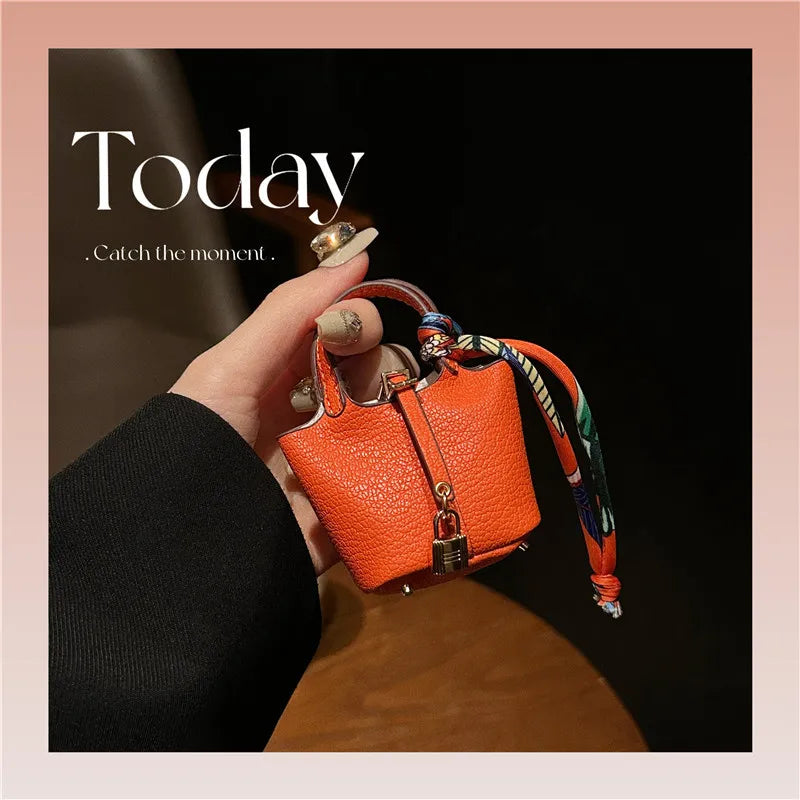 Birkin Inspired Mini Hand Bag - Leather Basket Bag Charm Keychain & Earphone Case
