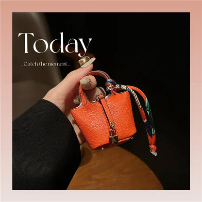 Birkin Inspired Mini Hand Bag - Leather Basket Bag Charm Keychain & Earphone Case