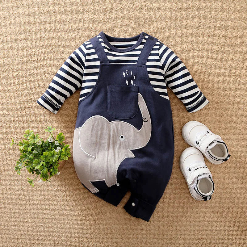 Detail view showing the fabric finish and pattern of the baby striped elephant and giraffe print romper