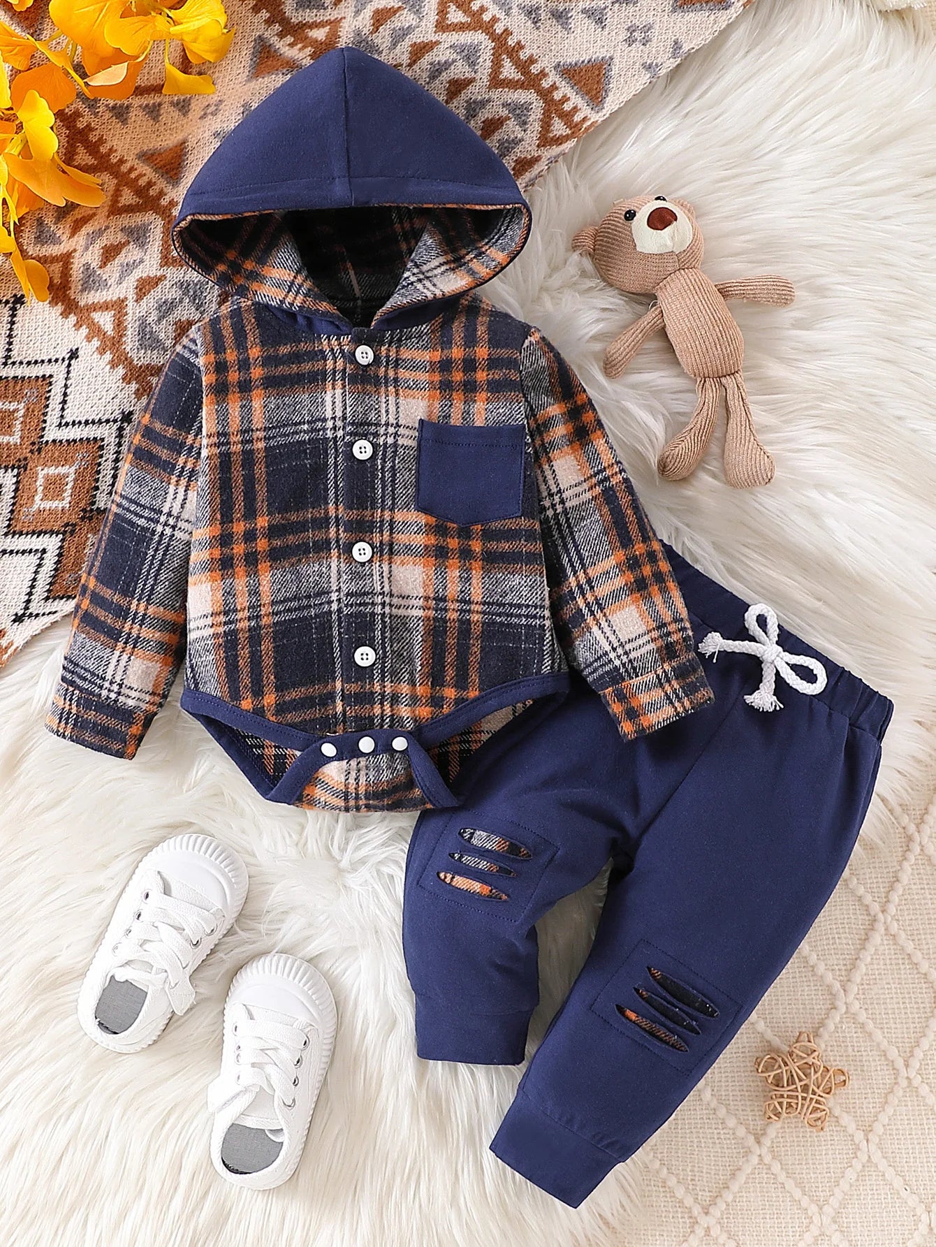 Toddler boys plaid hooded top and matching plaid overalls set